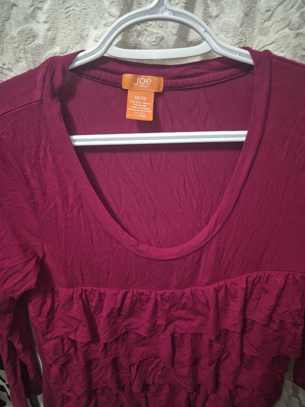 Joe Fresh Raspberry Ruffle Scoop Neck Long Sleeve Top - Picture 2 of 3